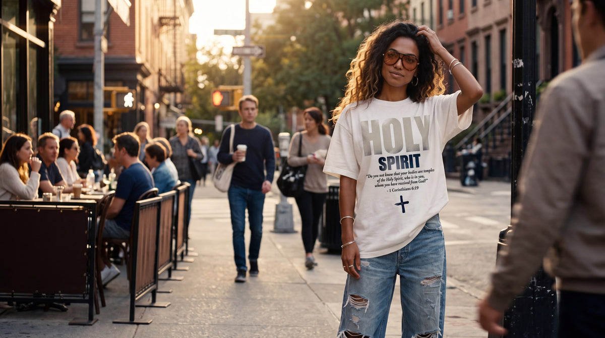 Woman in white Holy Spirit tee on a West Village sidewalk at golden hour