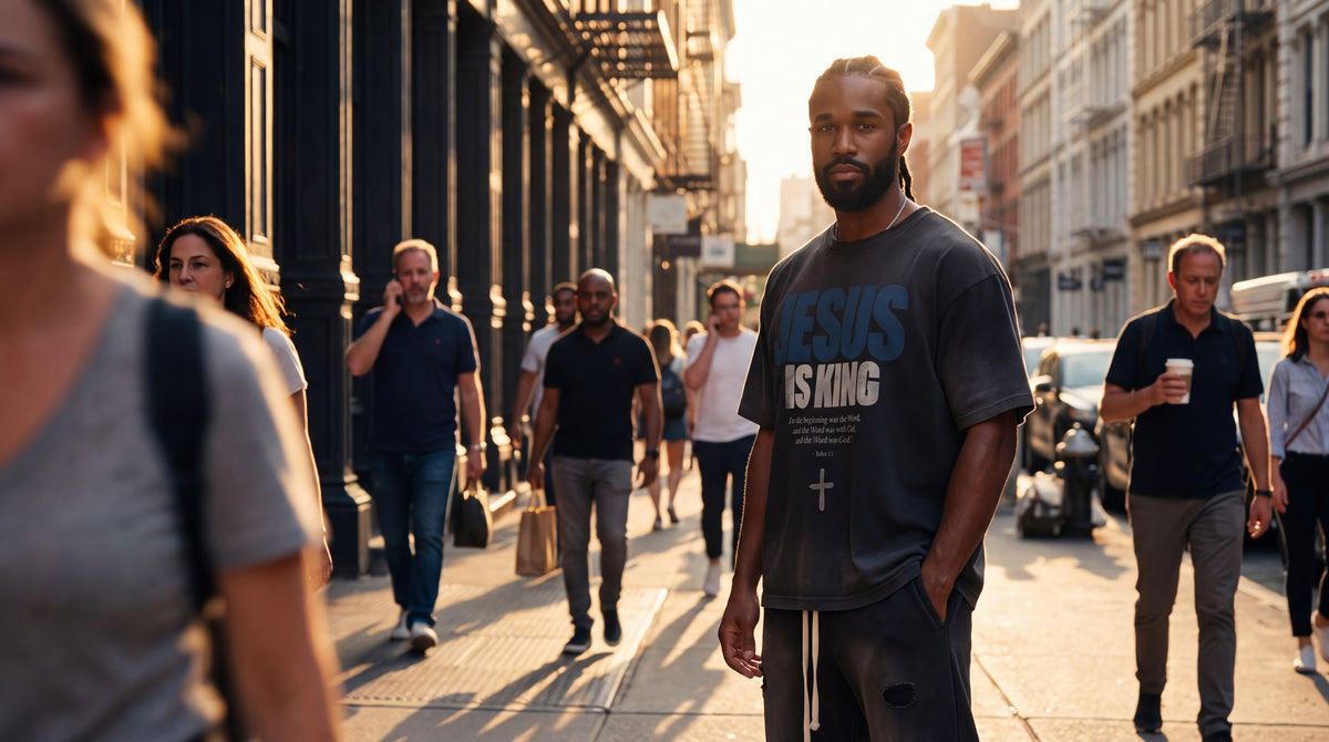 Man in faded black Jesus is King tee on a SoHo sidewalk at golden hour