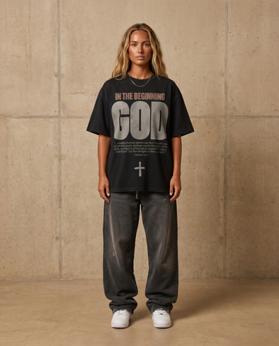 In the Beginning God – Woman wearing The Word t-shirt