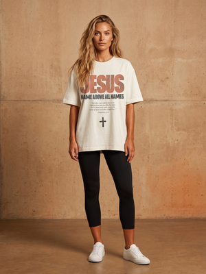 Jesus Name Above All Names — White Tee – Woman wearing The Word t-shirt