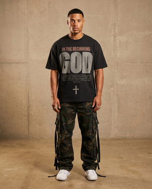 In the Beginning God – Man wearing The Word t-shirt