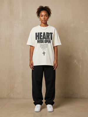Heart Wide Open White Tee – Woman wearing The Word t-shirt