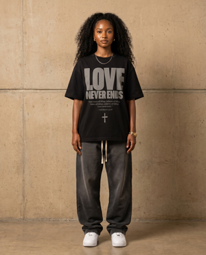 Love Never Ends Black Tee – Woman wearing The Word t-shirt