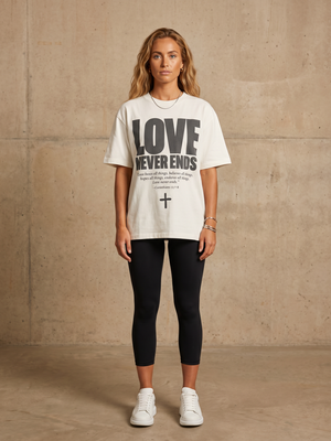 Love Never Ends White Tee – Woman wearing The Word t-shirt