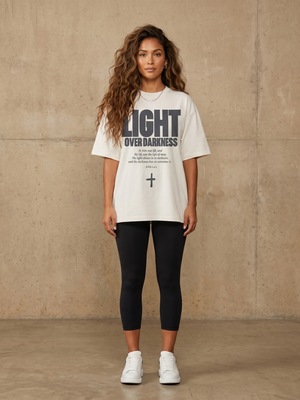 Light Over Darkness White Tee – Woman wearing The Word t-shirt