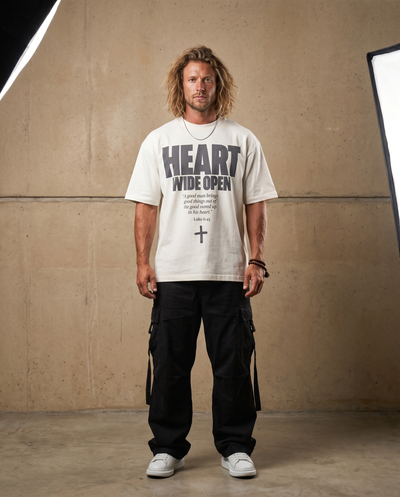 Heart Wide Open White Tee – Man wearing The Word t-shirt