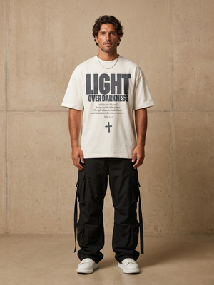 Light Over Darkness White Tee – Man wearing The Word t-shirt
