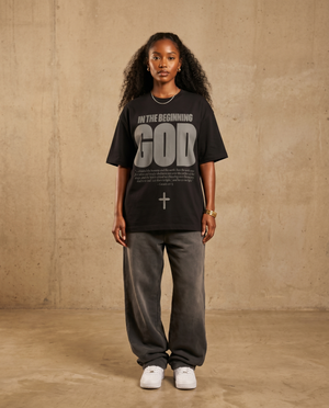 In the Beginning God Black Tee – Woman wearing The Word t-shirt