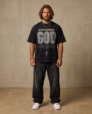 In the Beginning God Black Tee – Man wearing The Word t-shirt