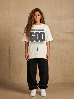 In the Beginning God White Tee – Woman wearing The Word t-shirt