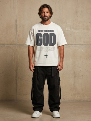In the Beginning God White Tee – Man wearing The Word t-shirt