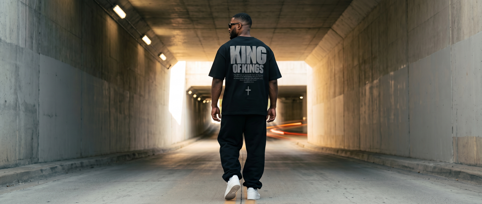 Man in a black KING OF KINGS tee with back print, walking through a tunnel
