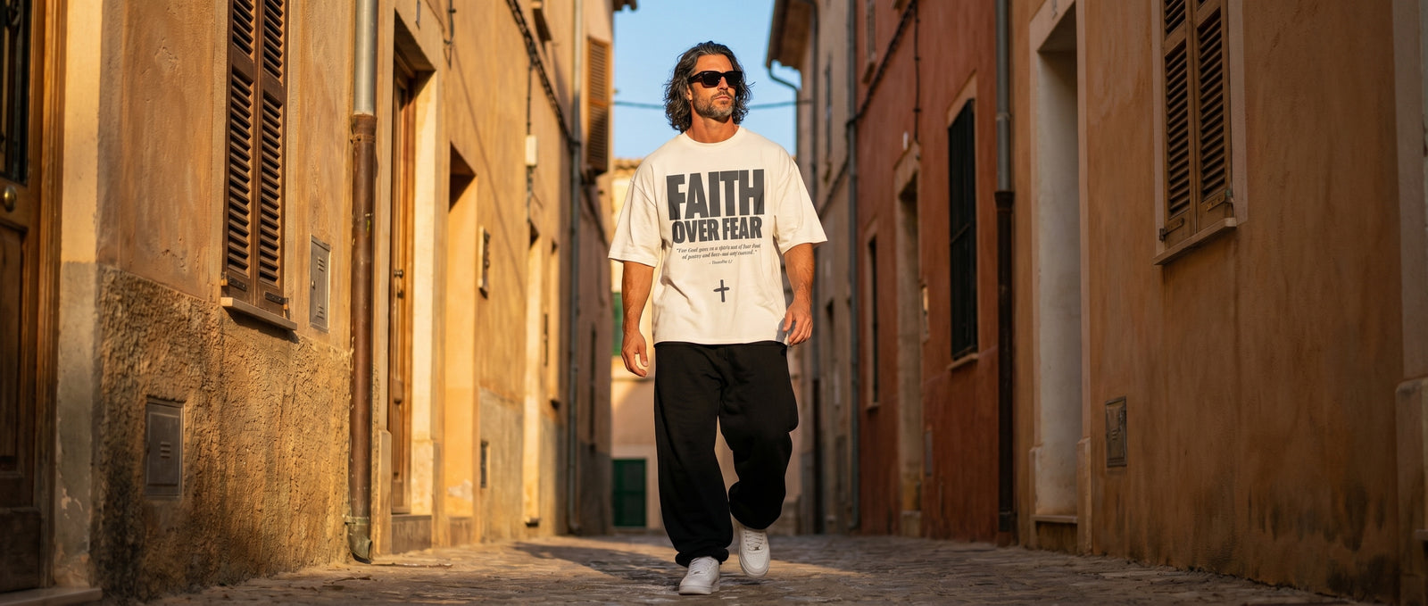 Man in a white FAITH OVER FEAR tee walking between old stone houses in evening sun
