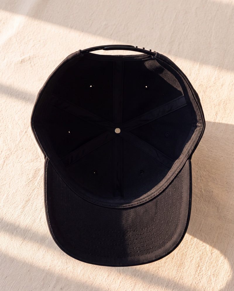 Snapback cap: inside, six panels meeting at the top button