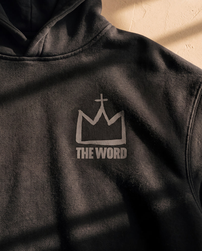 Black faded hoodie, crown and THE WORD logo on the chest