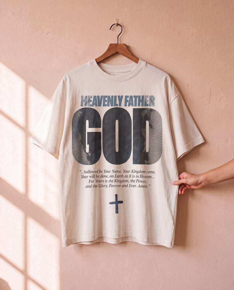 Heavenly Father God white tee on a hanger, front print