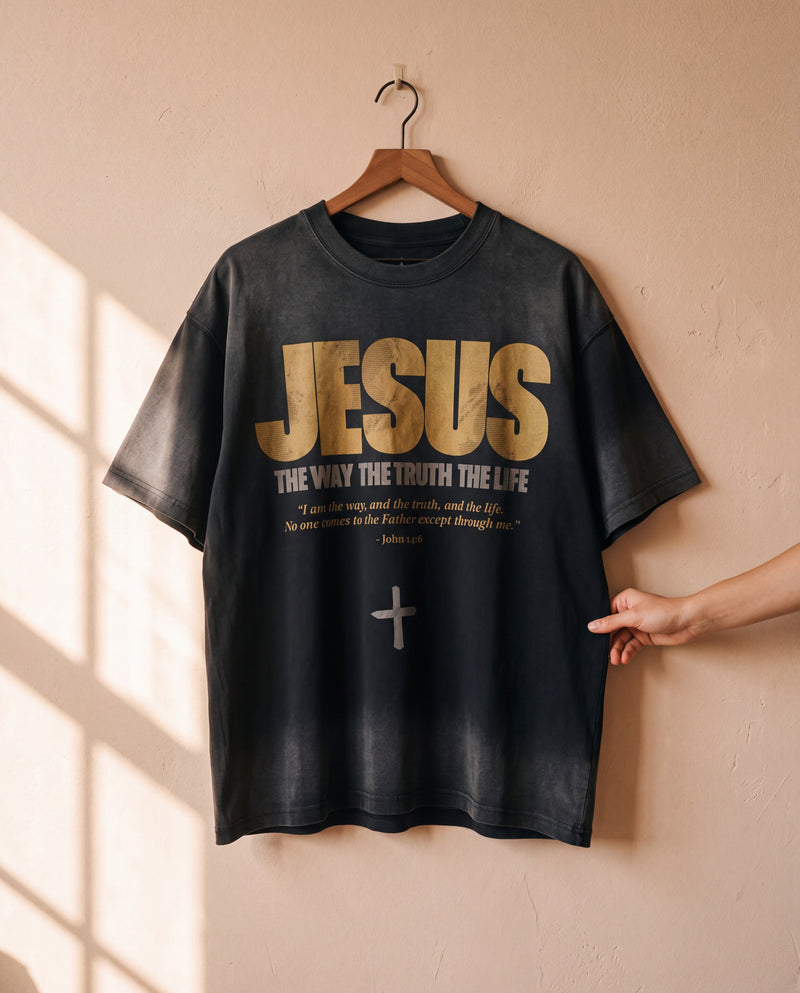 Jesus The Way faded black tee on a hanger, front print