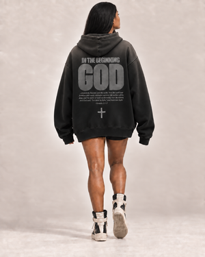 BLACK FADED HOODIE · IN THE BEGINNING GOD
