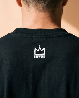 Light Over Darkness tee, black, back print, man, crown close up
