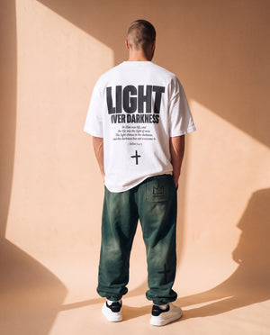 Light Over Darkness tee, white, back print edition, man, back print full body