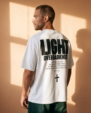 Light Over Darkness tee, white, back print edition, man, back print side profile