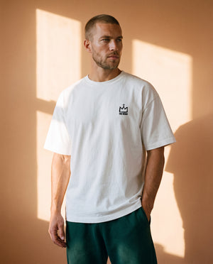 Light Over Darkness tee, white, back print edition, man, front crown thigh up