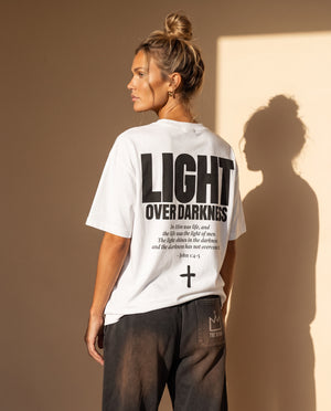 Light Over Darkness tee, white, back print edition, woman, back print three quarter look over