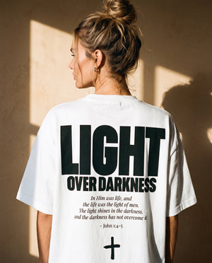 Light Over Darkness tee, white, back print edition, woman, back print close up