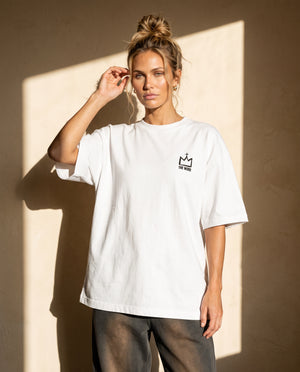 Light Over Darkness tee, white, back print edition, woman, front crown thigh up