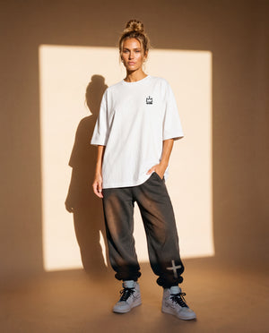 Light Over Darkness tee, white, back print edition, woman, front crown full body