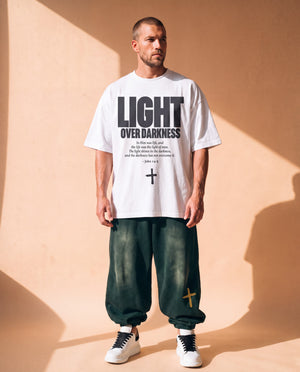 Light Over Darkness tee, white, front print, man, standing full body