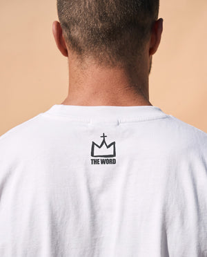 Light Over Darkness tee, white, back print, man, crown close up