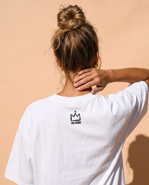 Light Over Darkness tee, white, back print, woman, crown close up