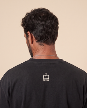 Faith Over Fear MONOCHROME tee, black, back print, man, three quarter crown