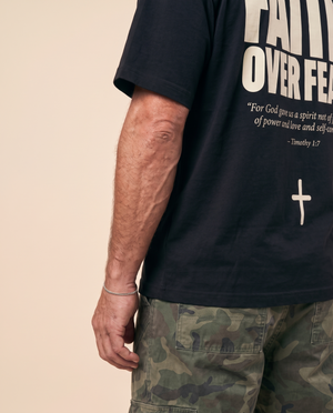 Faith Over Fear MONOCHROME tee, black, back print edition, man, side sleeve