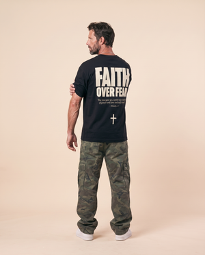 Faith Over Fear MONOCHROME tee, black, back print edition, man, arm across back