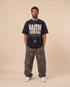 Faith Over Fear MONOCHROME tee, black, front print, man, pockets