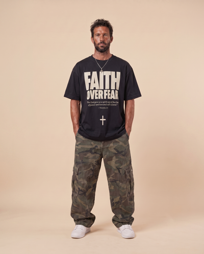 Faith Over Fear MONOCHROME tee, black, front print, man, pockets