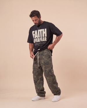 Faith Over Fear MONOCHROME tee, black, front print, man, drawstring