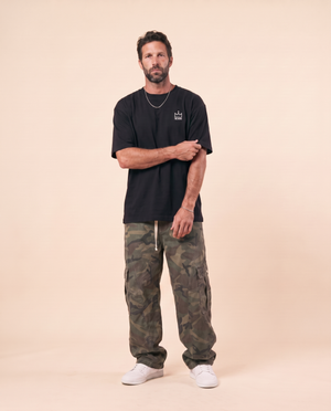 Faith Over Fear MONOCHROME tee, black, back print edition, man, front crown, full body