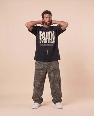 Faith Over Fear MONOCHROME tee, black, front print, man, hands behind neck