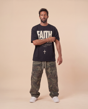 Faith Over Fear MONOCHROME tee, black, front print, man, arm across