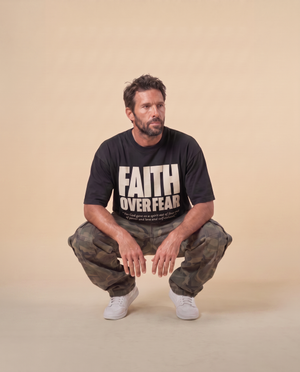 Faith Over Fear MONOCHROME tee, black, front print, man, squat