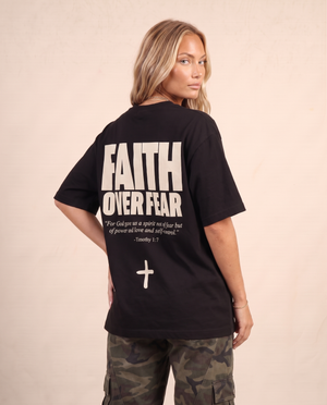 Faith Over Fear MONOCHROME tee, black, back print edition, woman, back print