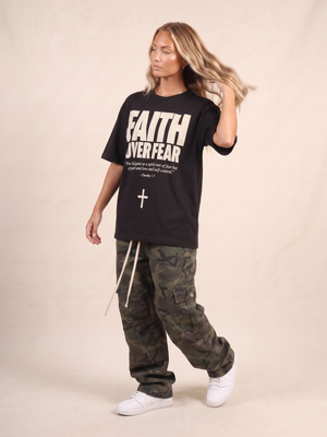 Faith Over Fear MONOCHROME tee, black, front print, woman, hand in hair