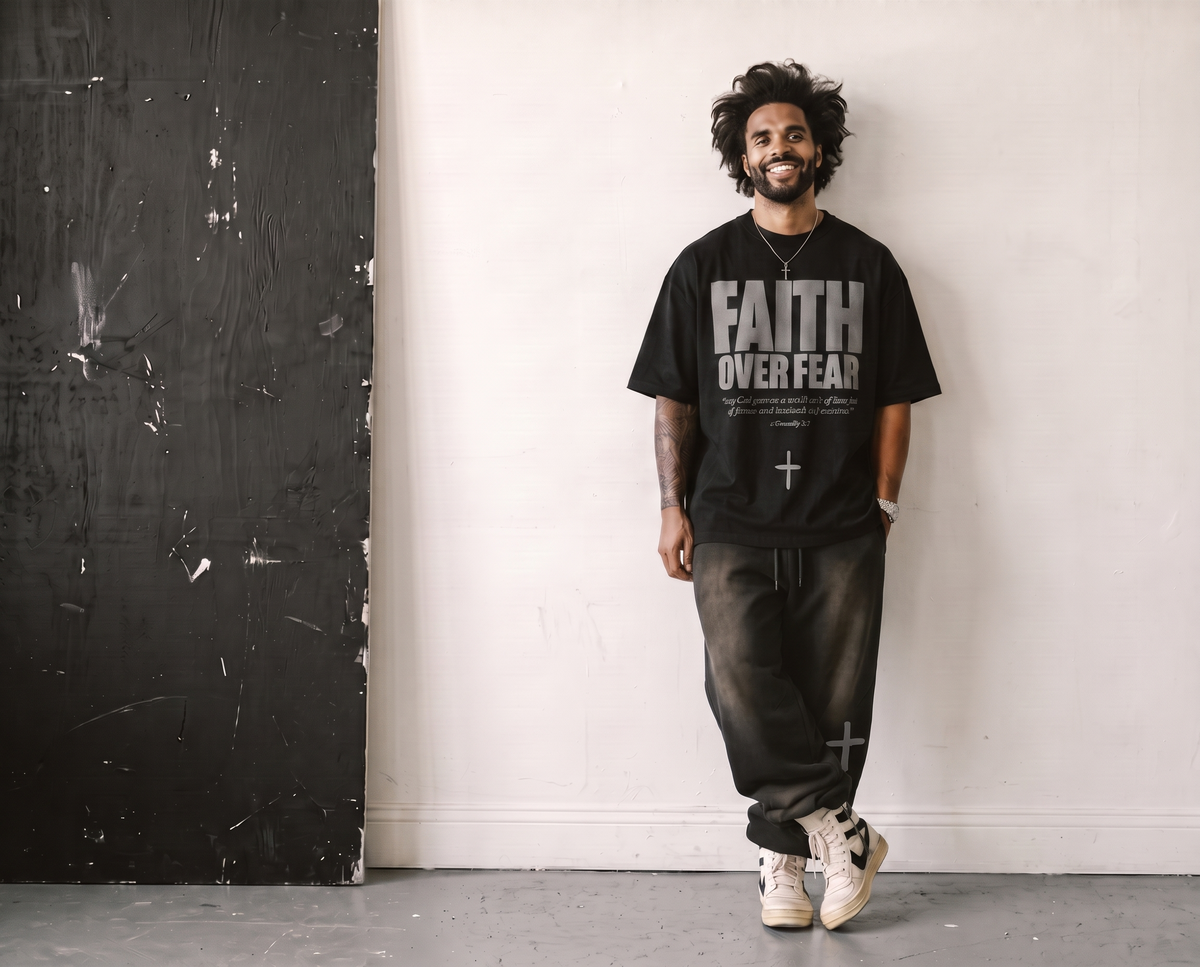 Faith Over Fear MONOCHROME tee, black, front print, man, curly hair, chalkboard, black and white