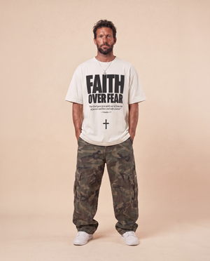 Faith Over Fear MONOCHROME tee, white, front print, man, pockets