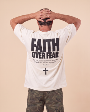 Faith Over Fear MONOCHROME tee, white, back print edition, man, overhead stretch
