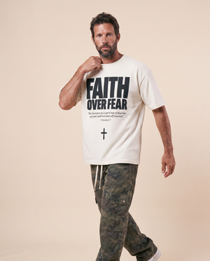 Faith Over Fear MONOCHROME tee, white, front print, man, collar