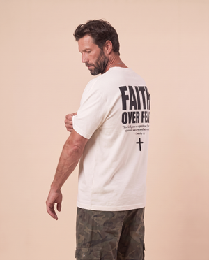 Faith Over Fear MONOCHROME tee, white, back print edition, man, sleeve fix